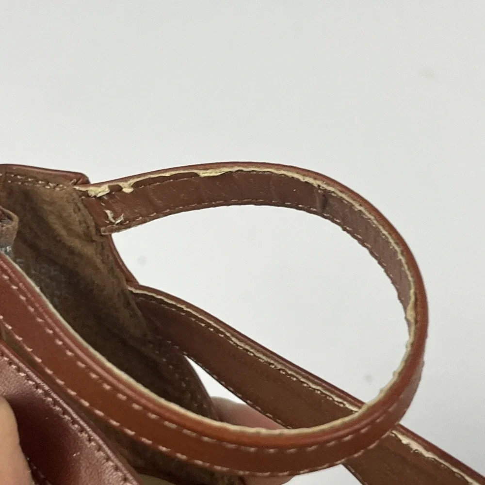 GUC Me Too Morgan Women Size 10W Tan Brown Faux Leather Ankle Strap Wedge Heels